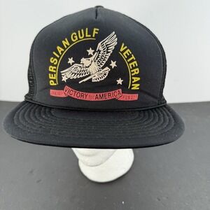 Vintage Persian Gulf War Veteran Black SnapBack Trucker Hat Army Air Force Navy